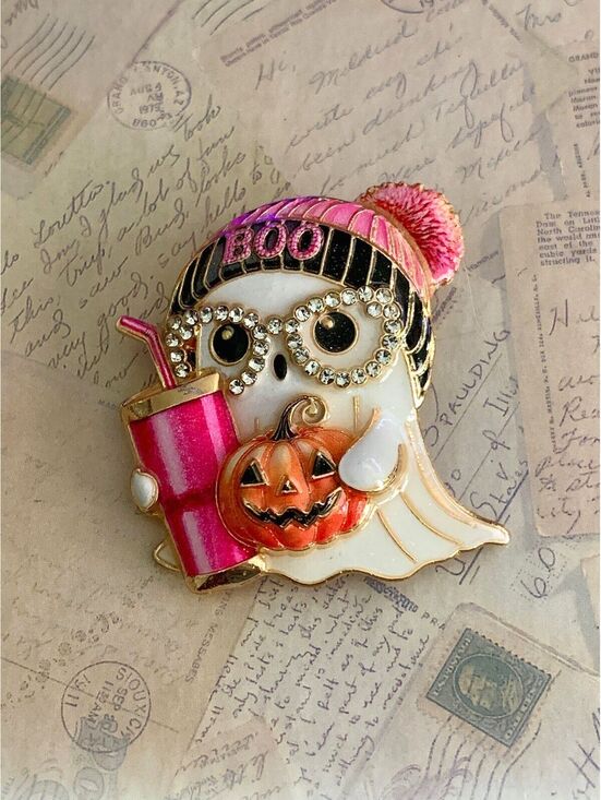Jewelry - Cute Halloween Ghost Brooch with Pumpkin & Pink 'Boo' Beanie Hat Brooch